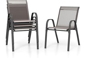 COSTWAY Lot de 2/4 Chaises de Jardin Exterieures avec Cadre en Métal, Chaise de Salle à Manger Empilable en Tissu Respirant, Fauteuil d'Extérieur pour Cour, Balcon, Piscine, Charge 150 KG (Gris,4)