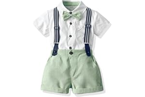 Volunboy Bébé Garçon Ensemble Costume, Manches Courtes Noeud Papillon Chemise avec Short Bretelle Barboteuse