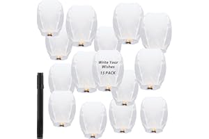 LOPYXBR 15PCS Chinese Sky Lanterns Fire Resistant Lanterns to Release in Memory Floating Sky Lantern with Wax Block and Pen for Wishing Wedding Party Festival