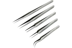 TOWOT Pinzas de precisión, 5 unidades de pinzas puntiagudas de acero inoxidable para manualidades, electrónica, soldadura, fabricación de joyas. Pinzas industriales no magnéticas.