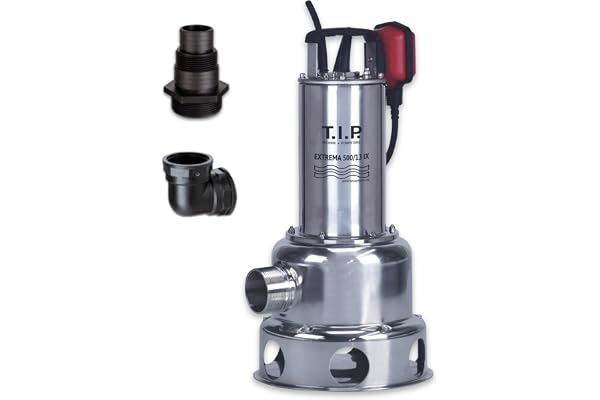 T.I.P. Extrema 500/13 Pro Pompe d'Eau Submersible Robuste Débit de 30000 l/h Thermorésistant Jusqu'à 50 °C Hauteur de Refoulement 14 mètres en Inox et Unité Hydraulique en Fonte Couleur Argent