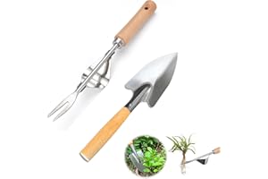 JSUOEO Garden Tool Set, 2 PCS Stainless Steel Hand Weed Dandelion Remover Tool and Gardening Trowel Manual Weeder Puller Tool Small Trowel with Wooden Handles Gardening Tools Kit