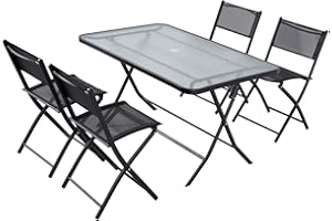 CONCEPT USINE | Salon de Jardin Pliable Mahon Noir 4 Personnes | Mobilier Repas d'Extérieur | Léger, Pratique & Robuste | en Acier + Epoxy | Table avec Plateau en Verre Trempé + 4 Chaises