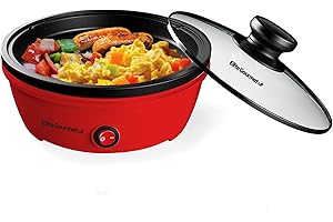 Elite Gourmet EGL-6101 Personal Sartén eléctrica antiadherente para salteados con tapa de cristal templado, calentamiento rápido, 650 vatios, rojo