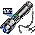 WholeFire Rechargeable Flashlight Torch, 20W LED Flashlights with Clip and LCD Display, 1000000 Lumen Super Bright Portable Torch Ajustable Focus Waterproof Battery Powered for Camping Emergency