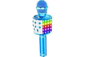 Bizcasa 5 in 1 Microphone for kids, Wireless Bluetooth Microphone with Colorful Lights Mic Speaker Flashing KTV Player Home PC/Android/IOS Smartphone Karaoke Machine for Singing,Recording,Blue