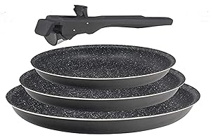 Bergner Click & Cook | Lot de 3 poêles en aluminium pressé et anti-adhésif | Comprend 3 poêles de 20, 24 et 28 cm | Avec poignée ergonomique amovible | Pour tous les types de cuisines et de four