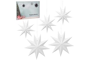 eLander 5 sztuk papierowych gwiazd białych, 30 cm x 3 + 45 cm x 2, skandynawskie gwiazdki na Boże Narodzenie, dekoracja bożonarodzeniowa, 9 ramiennych gwiazd bożonarodzeniowych, do pokoju, okna