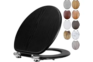 Fanmitrk Toilet Seat Wooden, Soft Close Black Toilet Seat Wood with Adjustable Solid Hinges (Black Wood)