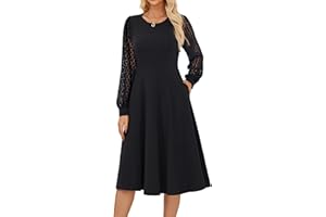 GRACE KARIN Elegant Women’s Midi Dresses Lace Long Sleeve Crew Neck A-Line Dresses Casual Solid Formal Cocktail Dress