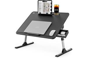 Tavolino da Letto, SAIJI 60 * 40cm Nero Colazione Pieghevole, Piano regolabile con 5 altezze, con supporto per libri, cassetto, Tavolo Letto Regolabile e Portatile