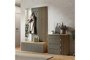 Lomadox Garderoben Set Kommode und Garderobe mit Bank Paneel Spiegel Eiche Graphit Lamellen-Design
