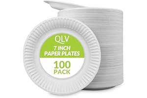 QLV 7'' Paper Plates (100 Pack) | Biodegradable & Compostable | Heavy Duty White Party Plates | Disposable Tableware for Events, BBQs, and Gatherings. 18cm