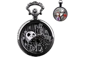 TIONG Montre à gousset noire avec chaîne - L'Étrange Noël de Monsieur Jack - Montre de poche à quartz pour homme et femme - Cadeau de Noël Halloween -