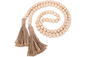 YUNMOXIAO 1 Pack 60inch Wood Bead Garland with Tassels,Farmhouse Beads Rustic Country Decor Prayer Boho Beads Wall Hanging Decoration (Nature)