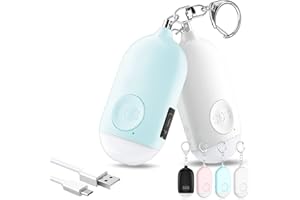 130DB Lot de 2 Alarme Personnelle Anti-Agression avec Porte-clé,Rechargeables Alarme de Poche avec LED Lampe de Poche Torche Alarme,pour Femme Enfants Personnes aîné(Blanc+Bleu)