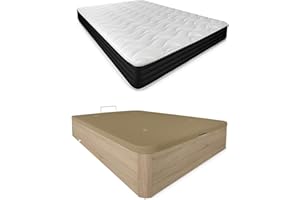 DUÉRMETE ONLINE - Pack Colchón Viscoelástico Pocket Visco Reversible + Canapé Madera Abatible Gran Capacidad | Color Cambria 150 x 190