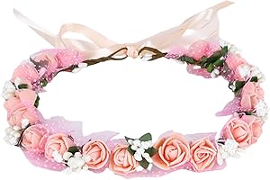 LARFRAECY Floral Headband Flower Floral Crown Wreath Rose Halo Flower Wreath Flower headbands for Women Headpiece Boho with Ribbon Wedding Photo Props for Princess Girls (Pink)