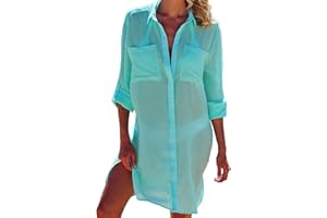JFAN Vestidos Verano para Mujer Botón de Bolsillo Camisa de Playa Manga Larga Casual de Color Sólido