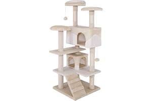 lionto Kratzbaum für Katzen mit 2 Plüschbällen & 3 Plattformen, Höhe 130 cm, Katzenbaum mit Sisal & weichem Plüsch, gemütliche Liegeflächen & Höhlen, für kleine & große Katzen geeignet, beige/weiß