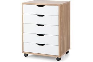 COSTWAY Caisson Bureau 5 Tiroirs, Caisson de Rangement à Roulette avec Poignée et 2 Roues avec Frein, 49,5 x 42 x 67 cm(Blanc naturel)