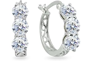 GEMSTAR USA Sterling Silver Round Filigree Three Stone Hoop Earrings Made with Swarovski Zirconia
