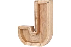 SLAGGZO Wooden Letter Money Box for Kids, Personalized Alphabet Piggy Banks with Clear Alphabet Stickers, Letter Coin Bank for Family DIY Decoration, Christmas, Birthday, 18x18 cm,J