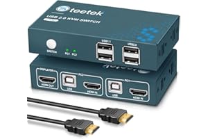 STEETEK KVM Switch HDMI 2 PC, 4K@30Hz, USB2.0 Switch KVM HDMI 2 PC 1 Monitor, Button Switch, Ultra HD, Compatible with PC, PS4, DVD, Xbox HDTV