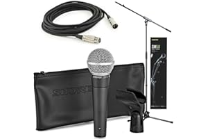 Shure SM58 Quality Bundle with SM58 Cardioid Dynamic Vocal Microphone, 15' XLR Cable, Mic Stand, A25D Mic Clip and Storage Bag, Perfect for Onstage or Studio (SM58-KM-SOM)