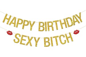 MERRSHIN Happy Birthday Sexy Bitch Banner - Women Girls Birthday Garland Bunting Supplies - Funny Bday Party Decorations - Gold Glitter