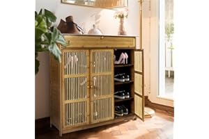 unho Meuble Chaussure d’Entrée en Bambou: Rangement Chaussure avec Étagères Armoire à Chaussures avec Tiroir Design - 98x93x32cm