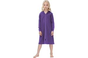 Alunsito Kids Boys Girls Zipper Robe Long Sleeve Hoodie Nightgown Knee Length Housecoat with Pockets Lightweight Loungewear