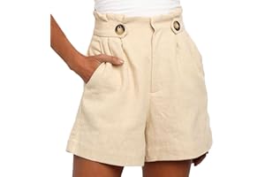 EMOTTOS Bermuda Pantaloncini Donna Estivi, Vita Alta Pantaloncini Corti con Tasche con Bottone Decorato, Casual Plissettata Pantaloni Shorts con Chiusura Loose Estivi, Albicocca/Nero M-XXL