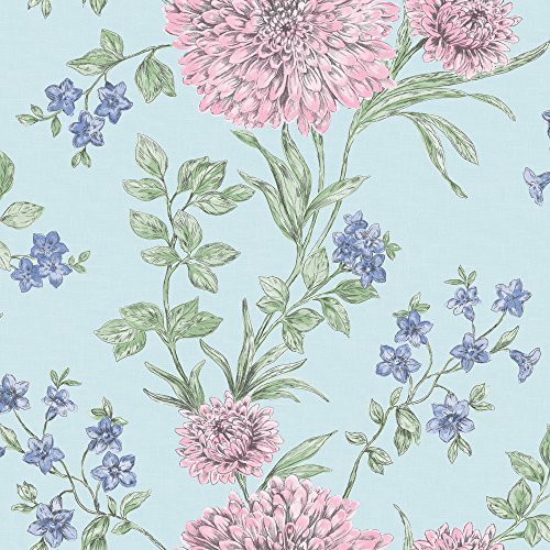 Rasch Bordeaux Blumen Muster Blumenmotiv Traditionell Metallische Tapeten - Türkis Rosa 208511