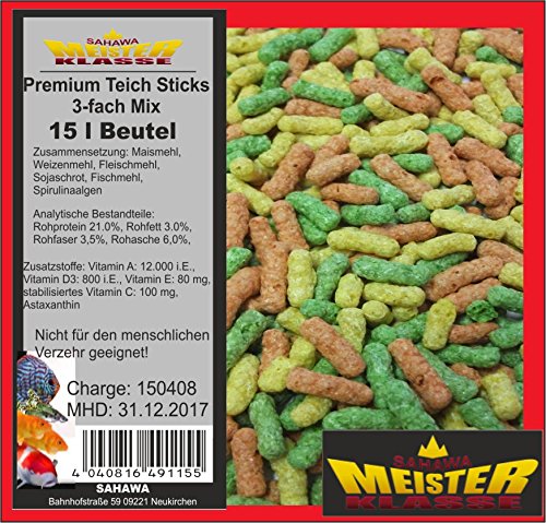 SAHAWA® 49115 Premium TeichSticks 3-fach Mix 15 Liter, Goldfischfutter , Koifutter, Teichfutter (15 Liter Beutel)