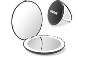 wobsion Led Compact Mirror, 1x/10x Magnification Compact Mirror with Light,Handheld 2-Sided Pocket Mirror,Travel Makeup Mirror,3.5in Compact Mirror for Purses,Small Mirror for Handbag,Black