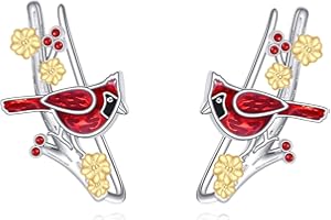 DAYLINLOVE Red Cardinal Ear Crawler Cuff Earrings 925 Sterling Silver Cardinal Flower Ear Climbers Studs Red Cardinal Jewelry Gift for Women Mom Wife
