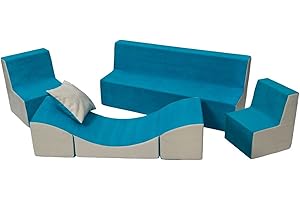 Velinda Kindersitzgruppe: 2xKinderstuhl+Sitzbank+Liegestuhl Kinderzimmermöbel Spiel-Set (Farbe: blau-beige)