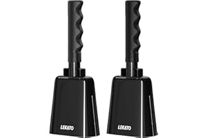 Cloche de vache en acier de 20,5 cm avec poignée, LEKATO lot de 2 sonnettes de vache pour événements sportifs, cloche de main pour les jeux de football, fête, concert, école, ranch de ferme(noir)