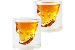 HwaGui Verre à Shot Tête de Mort pour Whisky Biere Vin Vodka, Set de 2 Cristal Transparent Tasse Double Paroi Verre 80ml / 2.8oz