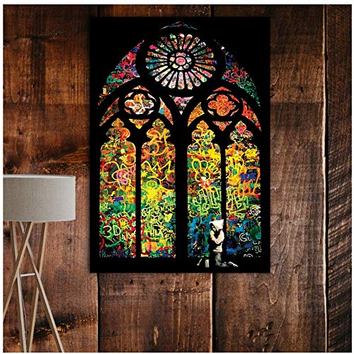 A&D Banksy Glasmalerei Fenster Kirche Leinwand Malerei Moderne Wandkunst Bilder Für Wohnzimmer Home Poster Und Prints-50x70cmx1pcs-Kein Rahmen