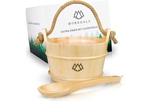 ‎NORDHOLZ NORDHOLZ® Sauna Eimer mit Kelle aus 100% nordischer Fichte - Hochwertiges Sauna Zubehör - Einsatz, Hanftrageseil & Gratis E-Book - Wellness Aufguss Komplett Paket - Saunaeimer Set