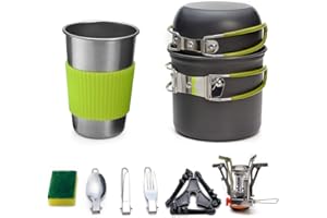 Queta Multi-PCS Kit de Cuisine de Camping, 1-2 Personnes Kit de Casseroles et Poêles Ultra-léger Compact Durable Extérieur Cookware pour Camping Randonnée Pique-Nique Pêche avec Réchaud et Une Tasses