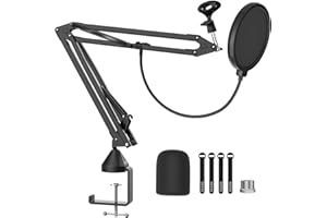 YOTTO Soporte para Micrófono Brazo Suspensión Ajustable Tijera de Pluma para Micrófono con Filtro Pop y Adaptador de 3/8 "a 5/8" para Blue Yeti Snowball Nano, Clip de Micrófono, Abrazadera de Montaje