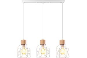 iDEGU Lampara Techo Colgante 3 Luces Vintage Iluminación de Techo de Madera Metal Lámpara de Araña Estilo Jaula Nórdico Lámpara Colgante para Dormitorio Salón Cocina Comedor (Madera, Barra, Blanco)