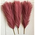 SATYAM KRAFT 3 Pcs Artificial Flowers Faux Pampas Grass Small Fluffy Fake Flower Plant for Home Decor, Office, Bedroom, Living Room, Table Decoration, Dried Plants (Without Vase Pot)(Red)