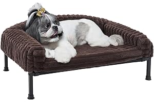 Veehoo Raised Dog Sofa Bed with Removable Bolster, Fluffy Elevated Dogs Bed Washable with Orthopedic Mattress, Dog Cat Sofa Non-Slip Feet for Puppy Kitten, Brown 75 x 50 x 10 cm