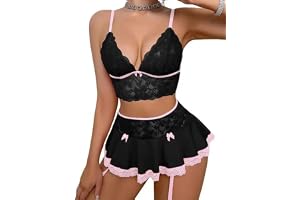 Sthxyfaith Sexy Lingerie for Women Sets Lace See Through Bra Suspenders Mini Skirt and g-strings