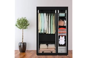 LEADZM Armadio pieghevole in tessuto, con chiusura lampo, scomparti per camera da letto, soggiorno (nero, 110 x 45 x 175 cm)