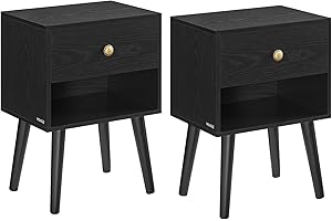 VASAGLE Bedside Tables, Set of 2, Side Table with Storage Drawer and Open Shelf, Solid Wood Legs, End Table for Living Room, for Bedroom, Sofa, Ebony Black LET855B56